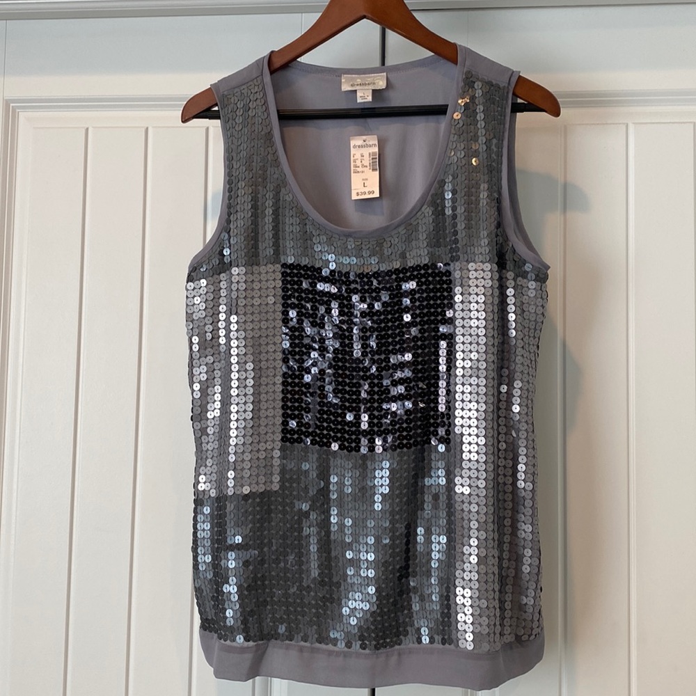NWT Dress Barn Sequin Metallic Gray Sleeveless Holiday Party Top Sz Large